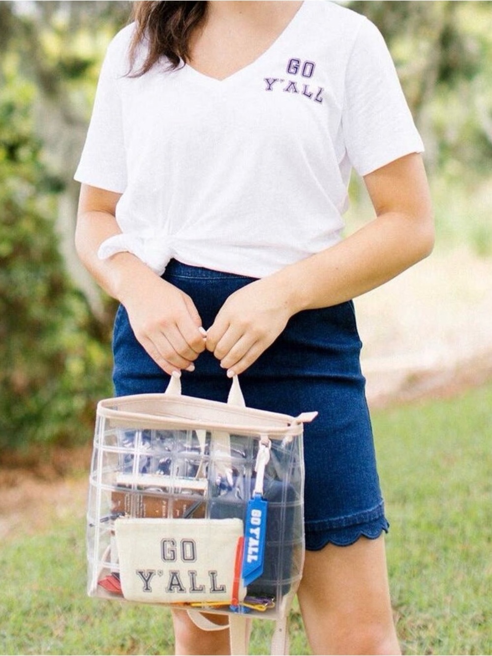 Draper James White V-Neck Tee with Navy "Go Y'All" Graphic